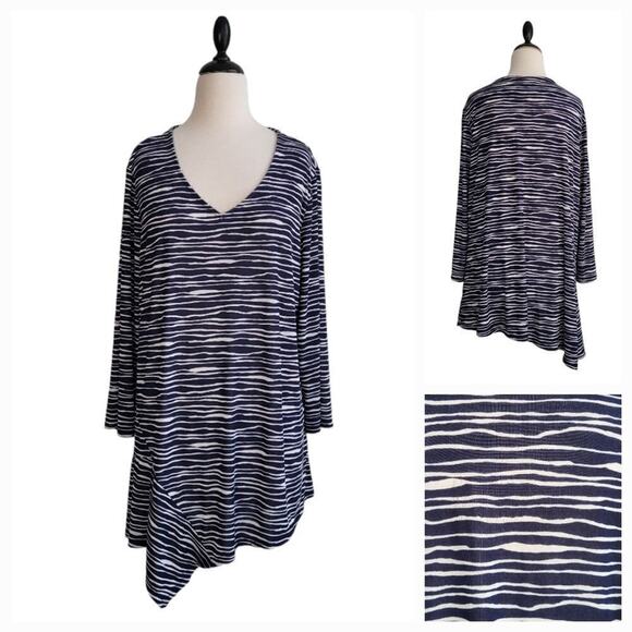 Susan Graver Liquid Knit Asymmetrical Hem Tunic Striped Navy XL V-neck Slinky - Picture 1 of 15